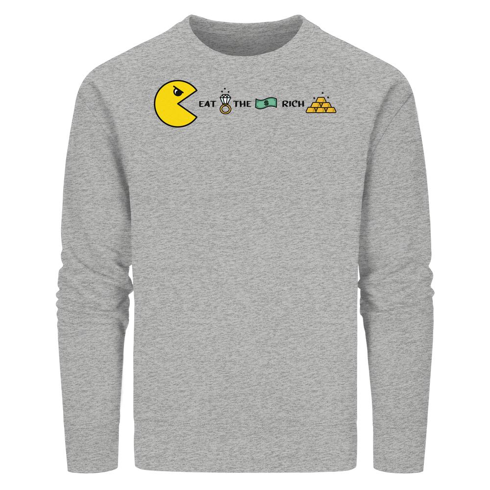 Vegan und Bio Unisex Sweatshirt: PAC-MAN - Eat the rich, grauer Pullover mit Grafik von Pac-Man, der Reichtumssymbole verschlingt, aus Bio-Baumwolle und recyceltem Polyester.