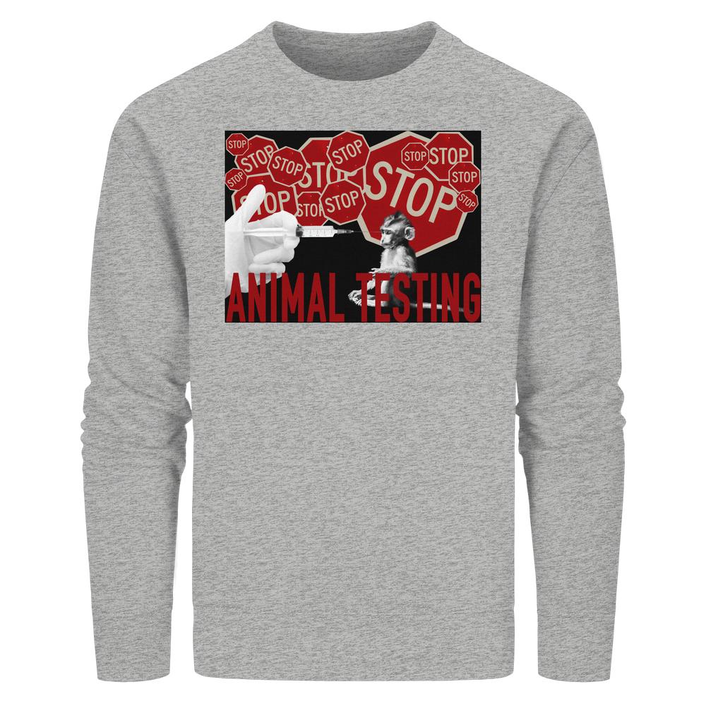 Vegan und Bio Unisex Side Pocket Hoodie: STOP ANIMAL TESTING! zeigt ein Protestdesign mit Stopp-Schildern, Spritze, Affe und ANIMAL TESTING Schriftzug.