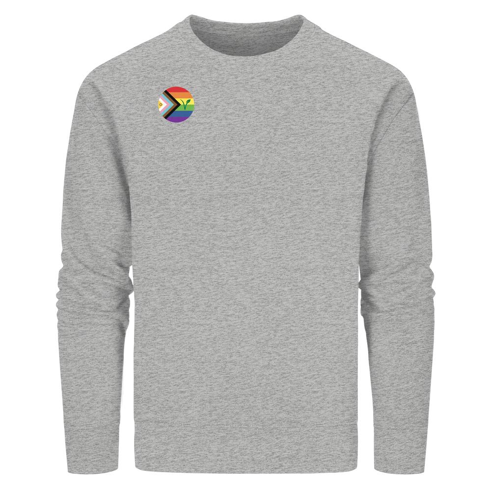 Heather-graues Langarmshirt mit LGBTQIA+ VEGAN Abzeichen, das Regenbogenfarben und ein V symbolisiert. Hergestellt aus Bio-Baumwolle und recyceltem Polyester.