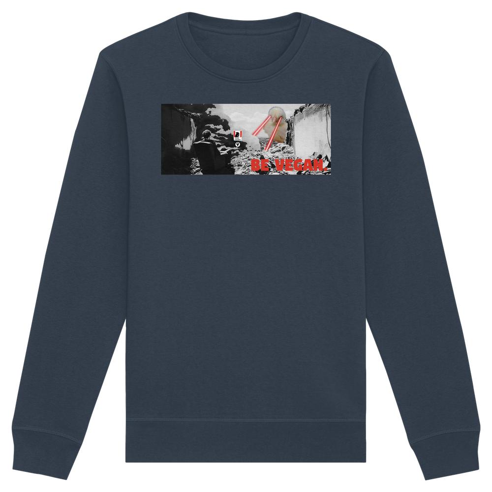 Vegan und Bio Sweatshirt: BE VEGAN. - Angry bird mit apokalyptischem Motiv und rotem Slogan, aus Bio-Baumwolle und recyceltem Polyester, rebellisches Design von RUDE REBEL.