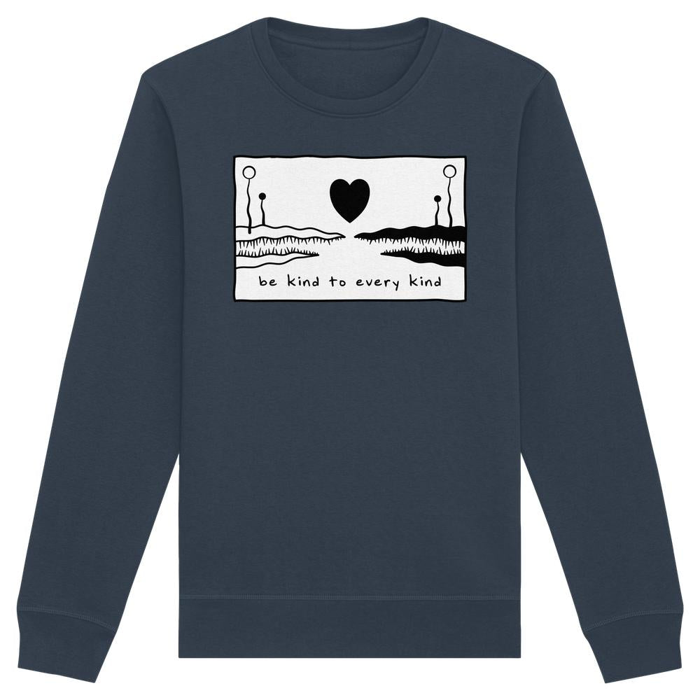 Vegan und Bio Unisex Sweatshirt: Be kind to every kind, zeigt ein abstraktes Design mit Herzmotiv und Spruch, aus Bio-Baumwolle und recyceltem Polyester.