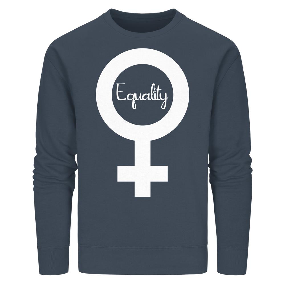 Vegan und Bio Unisex Sweatshirt mit großem weißen Venus-Symbol und Equality Schriftzug, symbolisiert Feminismus und Gleichberechtigung, aus Bio-Baumwolle und recyceltem Polyester gefertigt.