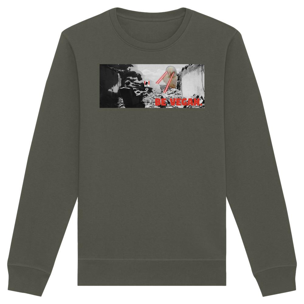 Vegan und Bio Sweatshirt: BE VEGAN – Dunkelgraues Sweatshirt mit dystopischem Sci-Fi-Design, auf dem eine zerstörte Stadt und ein veganer Slogan abgebildet sind.