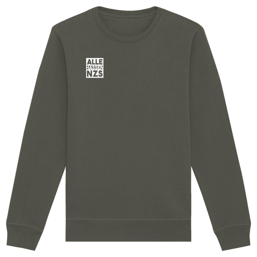 Unisex Sweatshirt mit ALLE HASSEN NZS!-Print, Bio-Baumwolle und recyceltem Polyester, normale Passform, Rippstrickbündchen, rebellisches Design von RUDE REBEL.