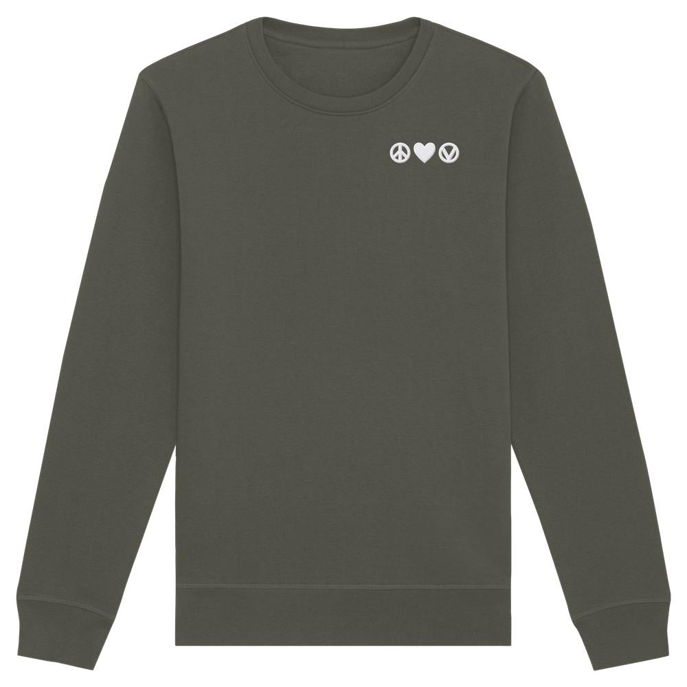 Vegan und Bio Sweatshirt bestickt: Peace - Love - Veganism, olivgrün, mit weißen Symbolen für Frieden, Liebe, Veganismus. Schlichter, nachhaltiger Look aus Bio-Baumwolle und recyceltem Polyester.