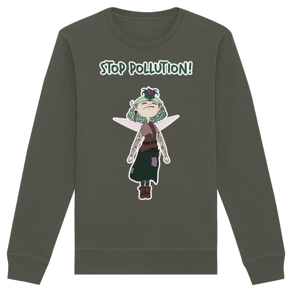 Vegan und Bio Unisex Sweatshirt: STOP POLLUTION! - Krawall Fee, zeigt eine Fee mit grünem Haar und Flügeln, die Umweltverschmutzung kritisiert.