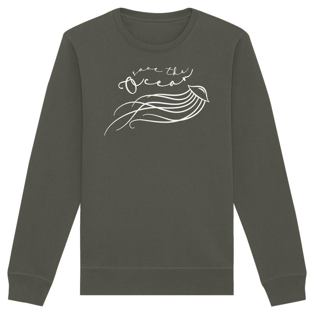 Vegan und Bio Unisex Sweatshirt mit stilisierter Qualle und Save the Ocean-Text, betont nachhaltige Meeresbewahrung. Hergestellt aus Bio-Baumwolle und recyceltem Polyester.