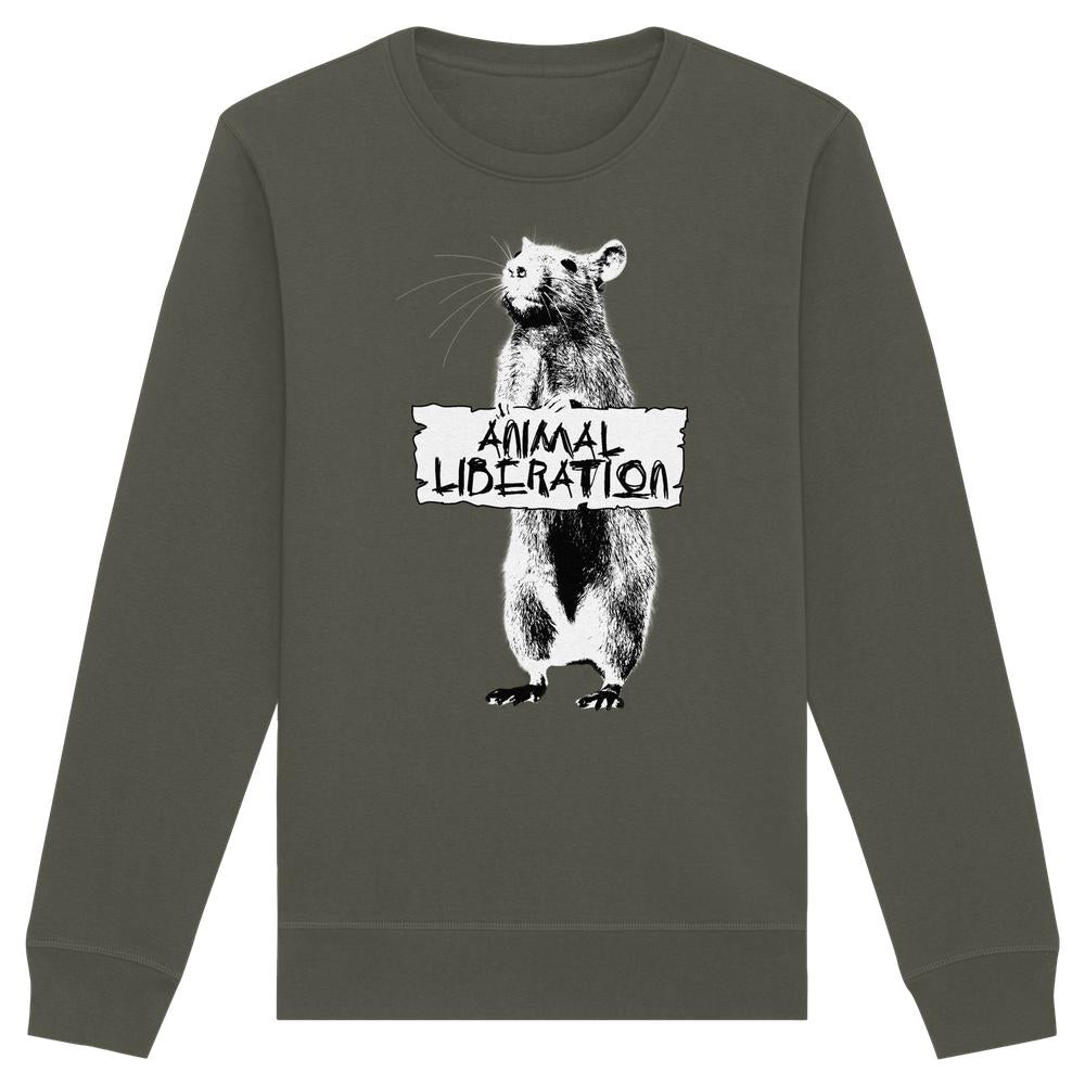Vegan und Bio Unisex Sweatshirt: Rat for Animal Liberation, zeigt eine Ratte mit ANIMAL LIBERATION-Schild, inspiriert von Banksy's Kunst, auf Bio-Baumwolle und recyceltem Polyester.