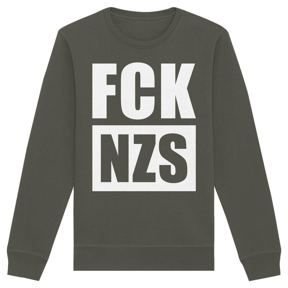 Vegan und Bio Unisex Sweatshirt: FCK NZS, langärmelig, grün/grau, weiße Blockbuchstaben, anti-rechts Statement, nachhaltige Baumwollmischung, normale Passform, von RUDE REBEL.