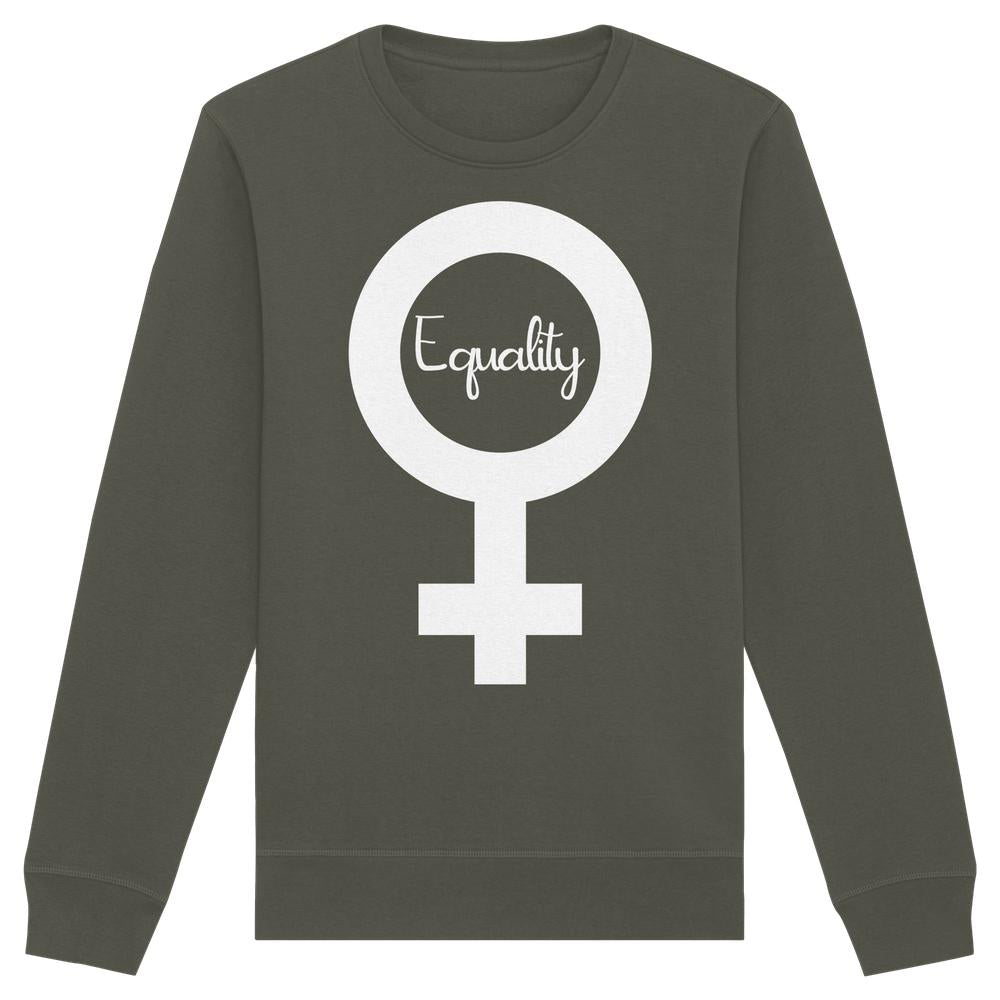Unisex-Sweatshirt mit großem Venus-Symbol und Equality Schriftzug, symbolisiert Feminismus und Gleichberechtigung. Hergestellt aus Bio-Baumwolle und recyceltem Polyester.