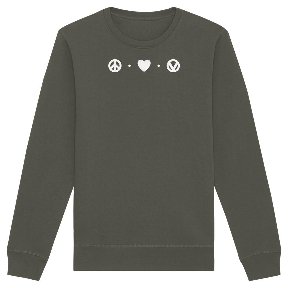 Unisex Sweatshirt „Peace - Love - Veganism“: Dunkeloliv, Langarm, mit weißem Friedenszeichen, Herz und Vegan-Symbol. Nachhaltig, aus Bio-Baumwolle und recyceltem Polyester.