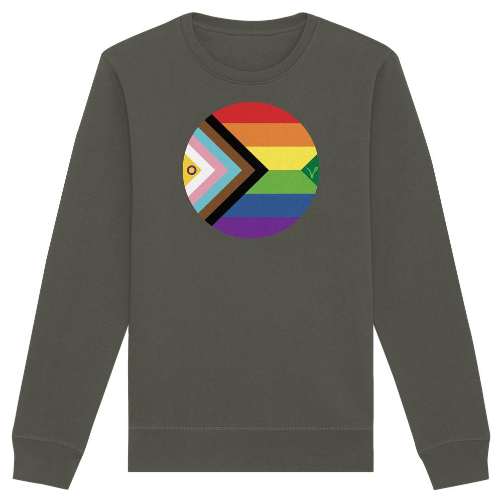 Vegan und Bio Unisex Sweatshirt: LGBTQAI+ Veganismus mit Progress-Pride-Design, kombiniert Regenbogen und Veganismus-Symbol, aus Bio-Baumwolle und recyceltem Polyester, normaler Schnitt.
