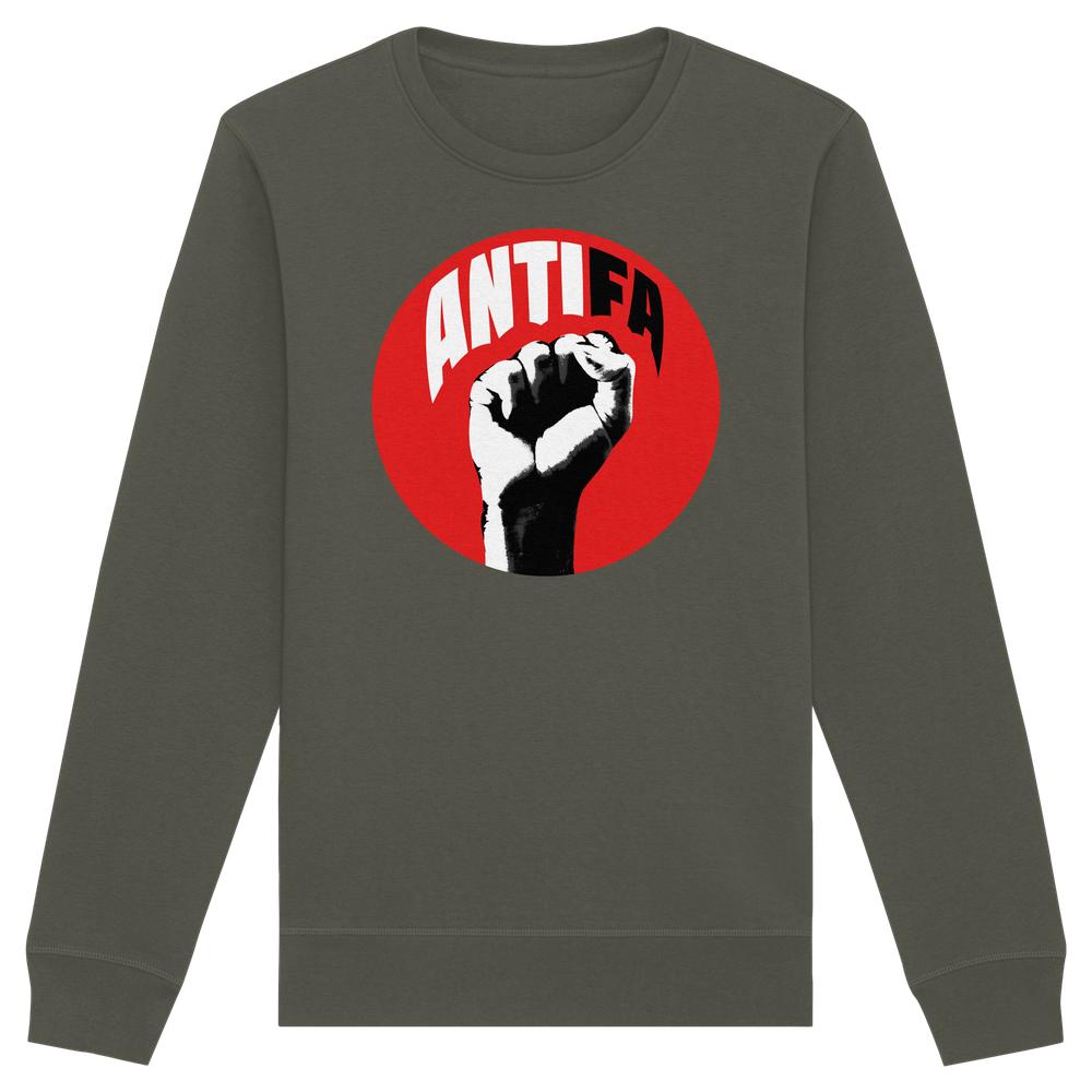 Vegan und Bio Unisex Sweatshirt: Antifa - Kampf gegen Rechts, lange Ärmel, olivgrau, roter Kreis mit schwarzer Faust und ANTIFA-Schriftzug auf der Brust.