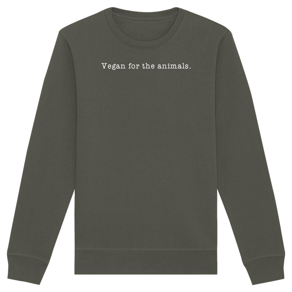 Vegan und Bio Unisex Sweatshirt: Minimalism Design - Vegan for the animals. Langarm, normaler Schnitt, aus Bio-Baumwolle und recyceltem Polyester, rebellisches Design von RUDE REBEL.