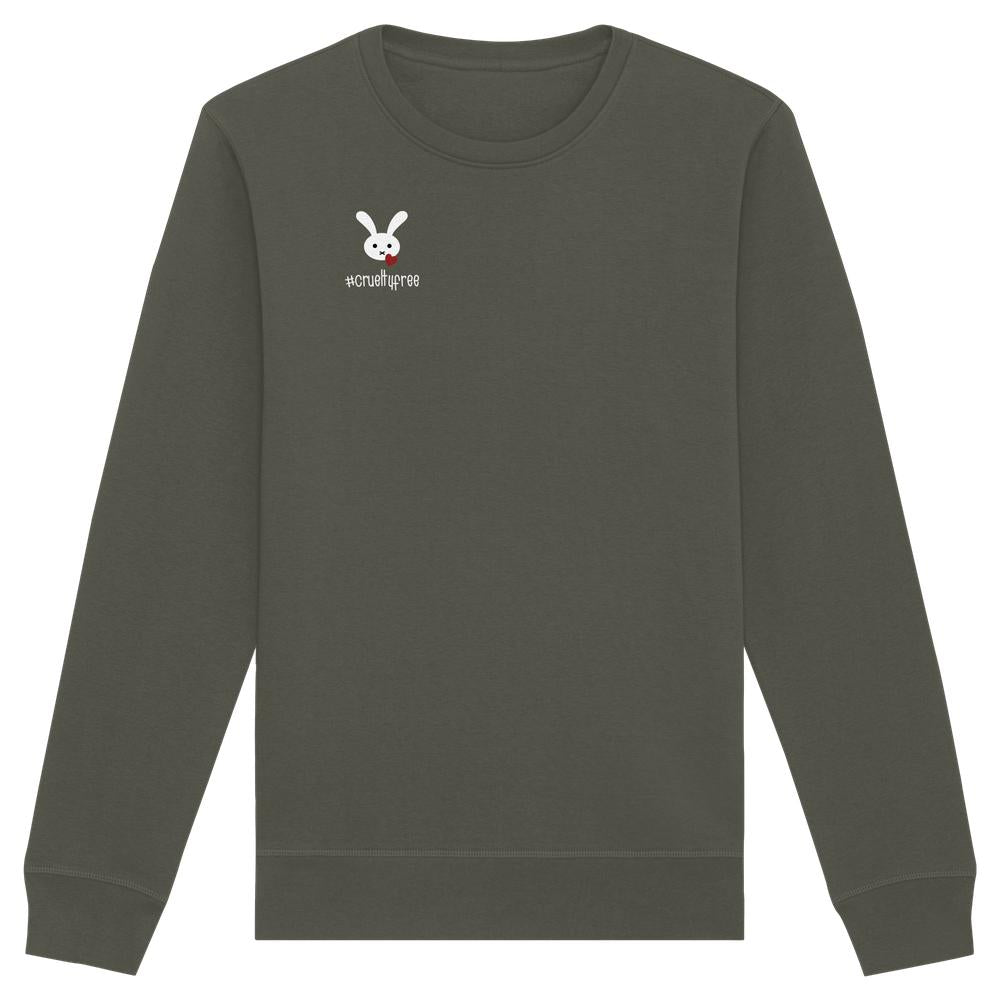 Vegan und Bio Unisex Sweatshirt: Crueltyfree Bunny mit Cartoon-Hasenmotiv und Herz, aus Bio-Baumwolle und recyceltem Polyester, rebellisches Design von RUDE REBEL, normaler Schnitt.