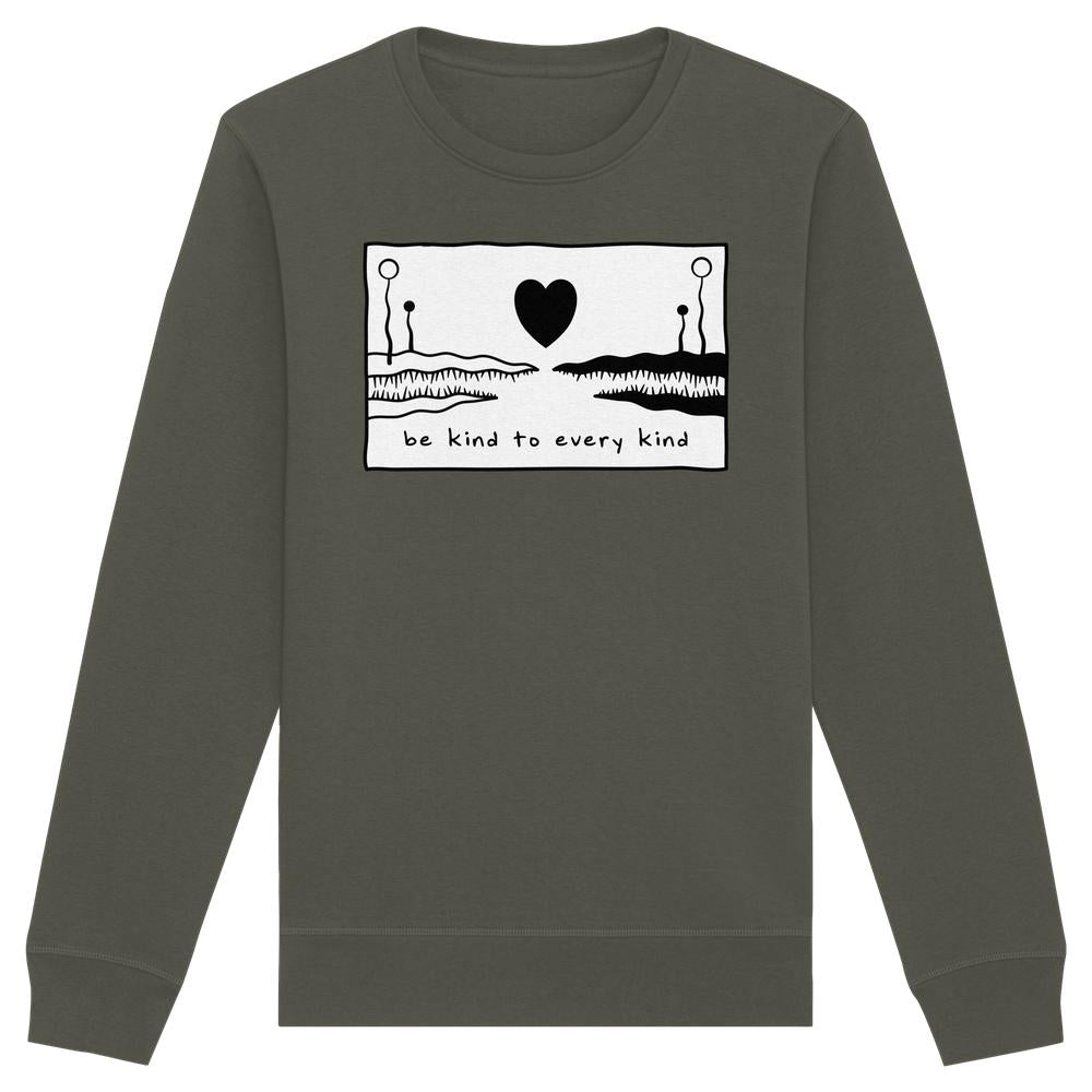 Vegan und Bio Unisex Sweatshirt: Be kind to every kind mit Herz- und Landschaftsdesign, fördert Tier- und Naturschutz. Hergestellt aus Biobaumwolle und recyceltem Polyester.