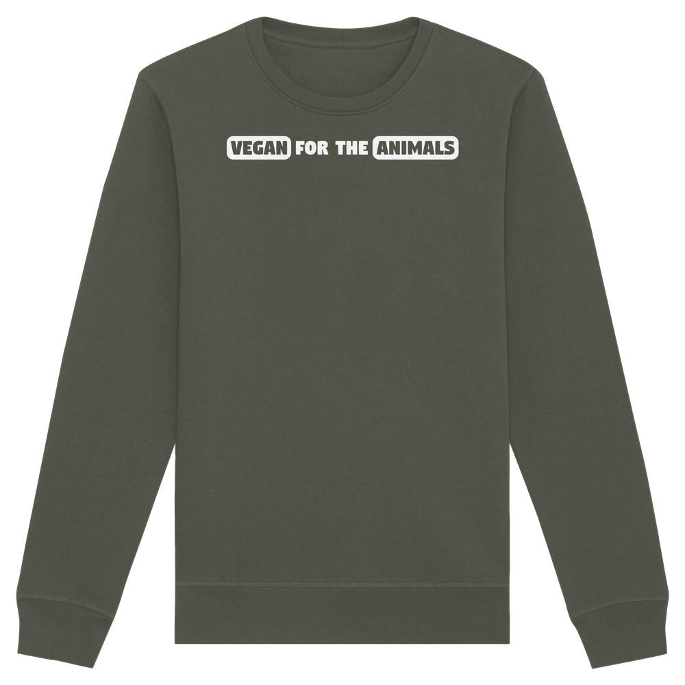 Unisex Sweatshirt mit Slogan „VEGAN FOR THE ANIMALS“ auf der Brust, aus Bio-Baumwolle und recyceltem Polyester, von RUDE REBEL, normaler Schnitt.