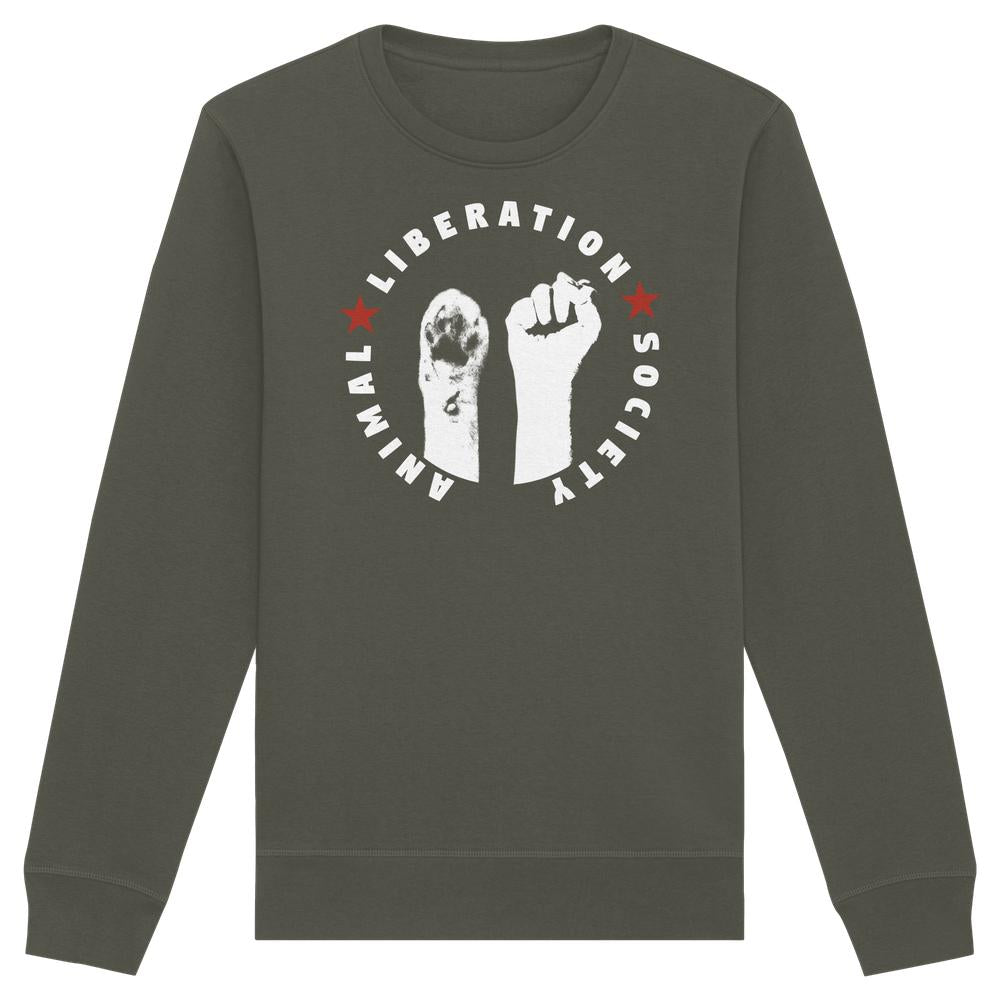 Vegan und Bio Unisex Sweatshirt: Raise paw and fist for Animal Liberation! Olivgrünes Sweatshirt mit kreisförmigem Logo von Faust und Pfote, Text ANIMAL LIBERATION SOCIETY.