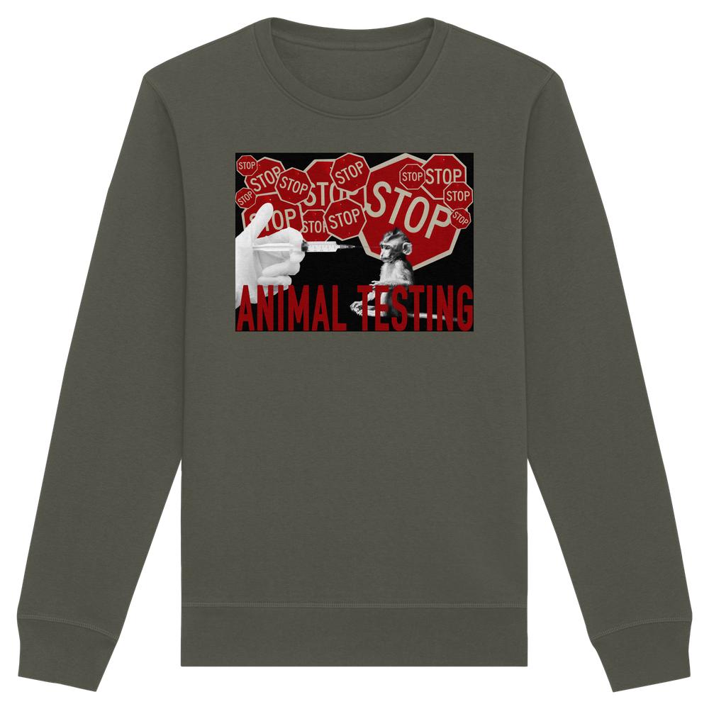 Unisex Hoodie mit Seitentaschen, zeigt Grafik gegen Tierversuche: Handschuh hält Spritze zu Affen, rote STOP-Schilder, „ANIMAL TESTING“ in Rot. Veganes, Bio-Material.