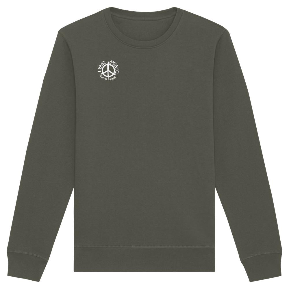 Vegan und Bio Unisex Sweatshirt: LOVE and PEACE for all beings, dunkeloliv/anthrazit, langärmelig, kleiner weißer Friedenssymbol-Print auf Brust, aus Bio-Baumwolle und recyceltem Polyester.
