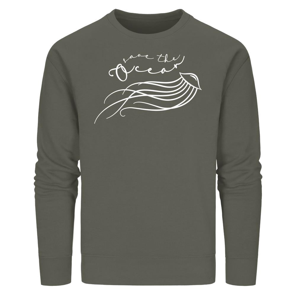 Vegan und Bio Unisex Sweatshirt mit minimalistischer Qualle und Save the Ocean-Slogan, aus Bio-Baumwolle und recyceltem Polyester.