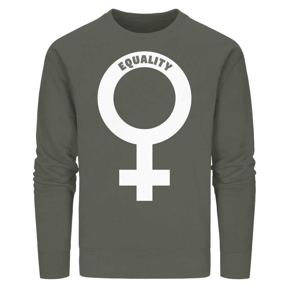 Unisex-Sweatshirt aus Bio-Baumwolle, zeigt das Venussymbol und EQUALITY in Weiß auf olivgrünem Hintergrund, betont Gleichberechtigung und Feminismus.