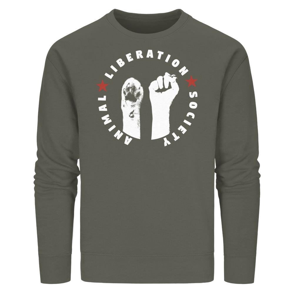 Vegan und Bio Unisex Sweatshirt: Raise paw and fist for Animal Liberation! Olivefarbenes Sweatshirt mit Logo „ANIMAL LIBERATION SOCIETY“, zeigt Pfote und Faust, symbolisch für Tierrechte.