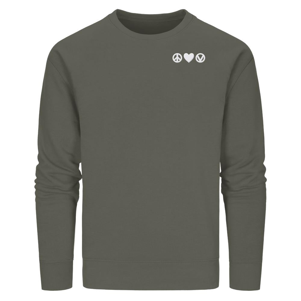 Vegan und Bio Sweatshirt bestickt: Peace - Love - Veganism. Olivgrüner Sweatshirt mit weißen Symbolen: Friedenszeichen, Herz, veganem V auf der Brust. Nachhaltig und stilvoll.