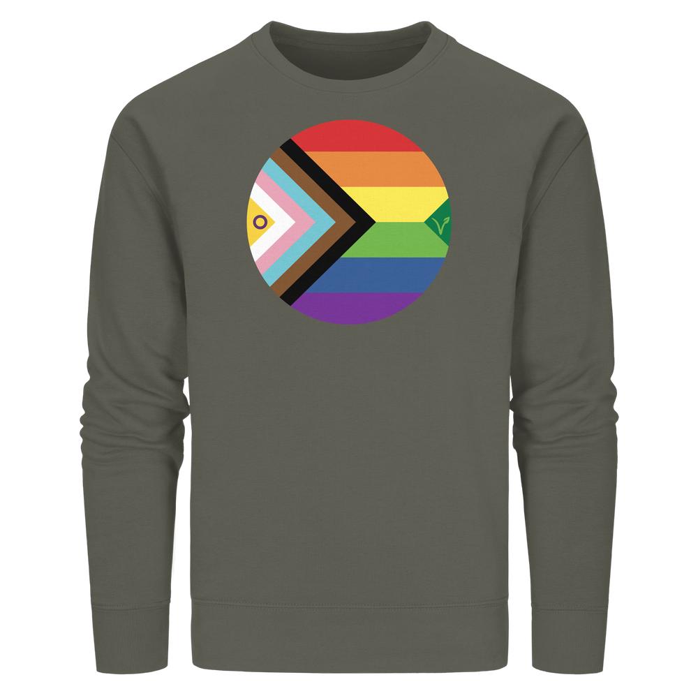 Vegan und Bio Unisex Sweatshirt: LGBTQAI+ Veganismus, mit progressivem Pride-Design und veganem V-Symbol auf olivgrünem Crewneck, aus Bio-Baumwolle und recyceltem Polyester.