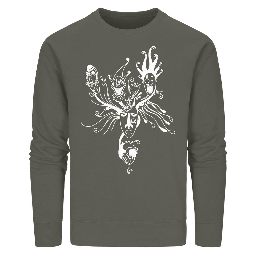 Vegan und Bio Unisex Sweatshirt Mental Health - Behind the Mask mit surrealem, organischem Motiv, das menschliche Masken, Baumstrukturen und abstrakte Kreaturen zeigt.
