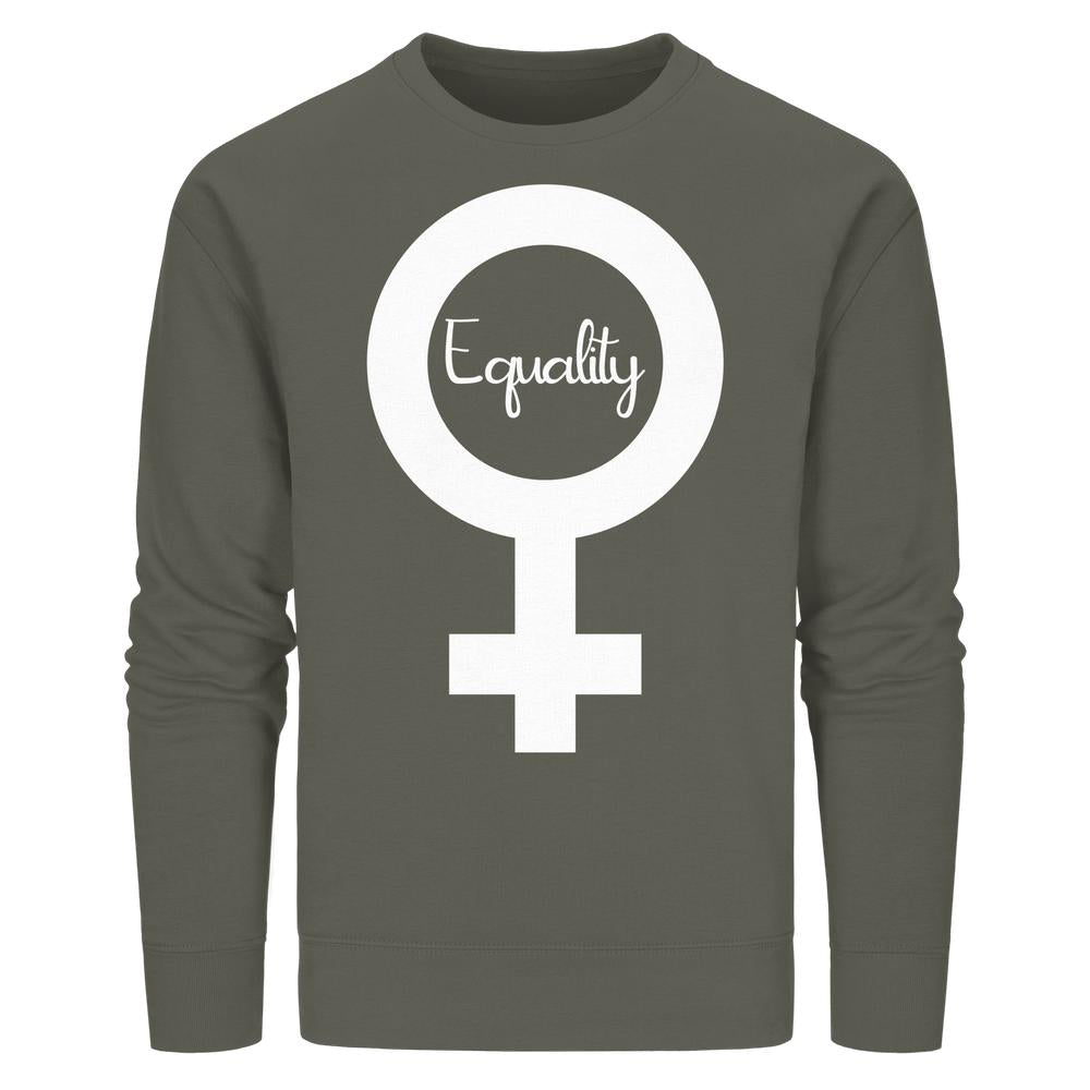 Vegan und Bio Unisex Sweatshirt: Feminismus - Der Kampf um Gleichberechtigung mit Venus-Symbol und „Equality“-Schriftzug, aus Bio-Baumwolle und recyceltem Polyester, normale Passform.