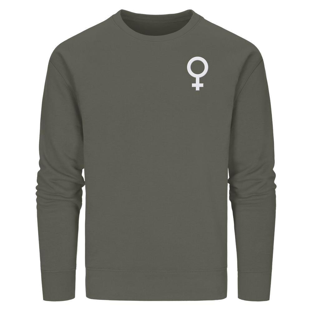 Olivegrünes Bio-Sweatshirt mit Venus-Symbol, feministisch bestickt. Vegane, nachhaltige Mode von RUDE REBEL, normaler Schnitt, aufgeraut, aus Bio-Baumwolle und recyceltem Polyester.