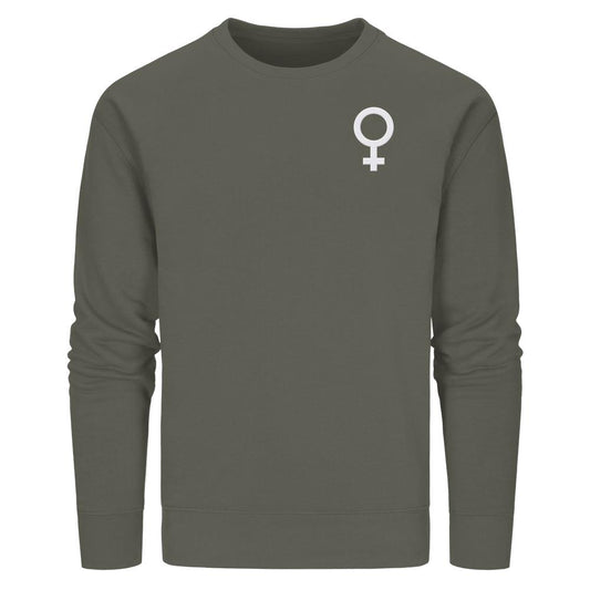 Olivegrünes Bio-Sweatshirt mit Venus-Symbol, feministisch bestickt. Vegane, nachhaltige Mode von RUDE REBEL, normaler Schnitt, aufgeraut, aus Bio-Baumwolle und recyceltem Polyester.