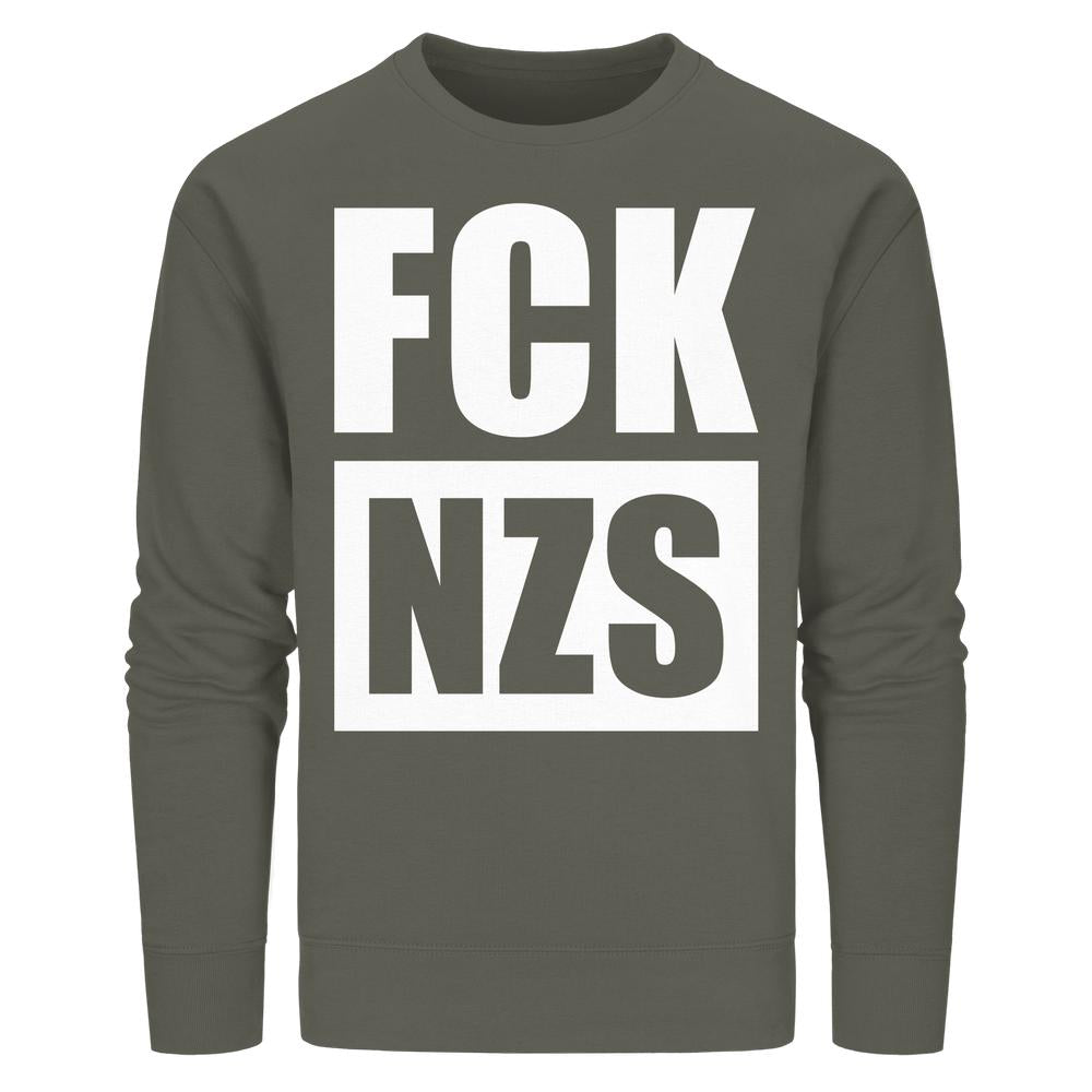 Vegan und Bio Unisex Sweatshirt: FCK NZS, olivgrünes Crewneck mit weißem Slogan, nachhaltige Mischung aus Bio-Baumwolle und recyceltem Polyester, von RUDE REBEL.