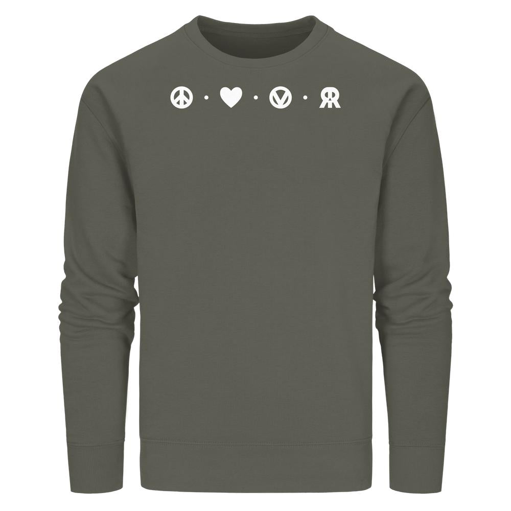 Unisex-Sweatshirt aus Bio-Baumwolle und recyceltem Polyester von RUDE REBEL, mit Peace - Love - Veganism - RUDE REBEL Grafik: Symbole für Frieden, Liebe, Veganismus, Rebellion.