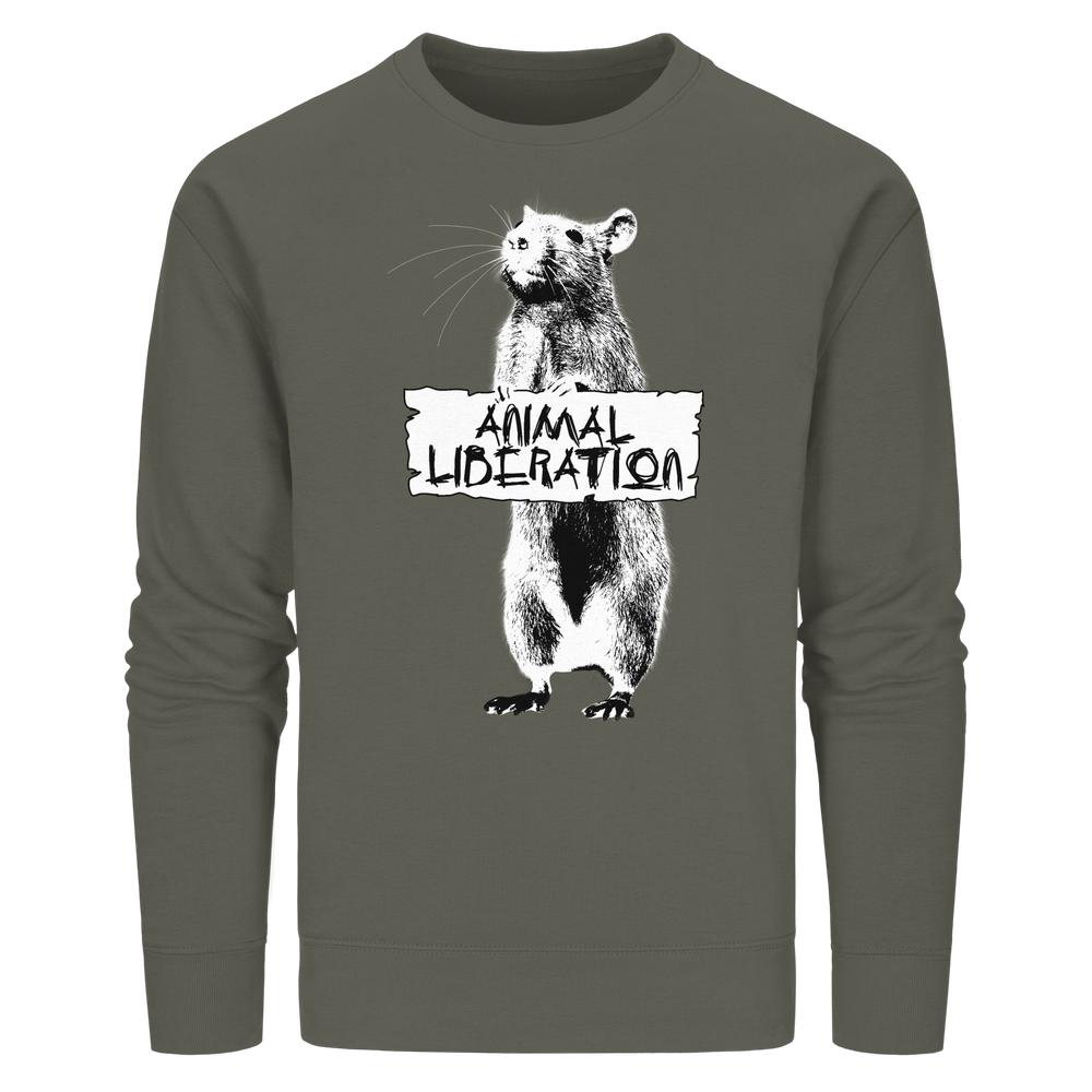 Vegan und Bio Unisex Sweatshirt: Rat for Animal Liberation, zeigt eine Ratte mit ANIMAL LIBERATION-Schild im Banksy-Stil, aus Bio-Baumwolle und recyceltem Polyester.