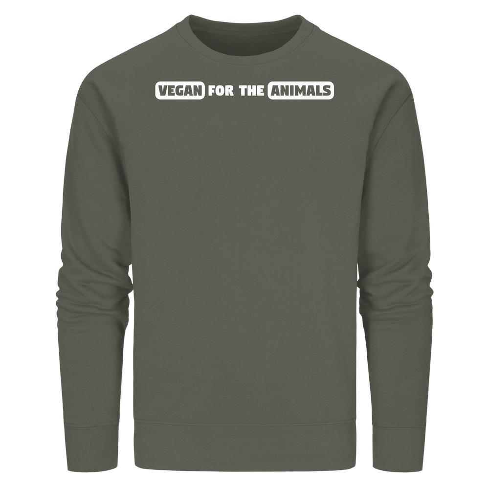 Unisex Sweatshirt mit Aufdruck VEGAN FOR THE ANIMALS, aus biologischer Baumwolle und recyceltem Polyester, langärmelig, normale Passform, von RUDE REBEL.