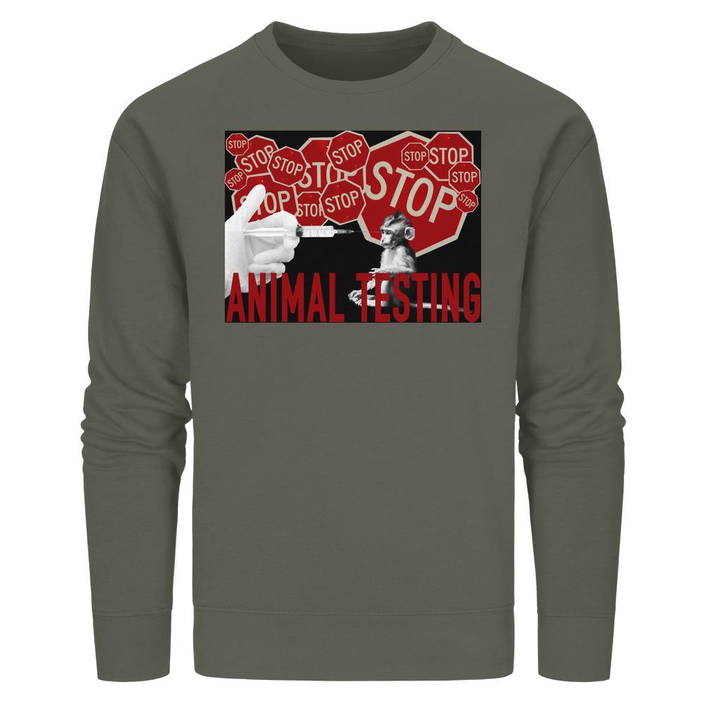 Vegan und Bio Unisex Side Pocket Hoodie zeigt ein provokantes Design mit STOP ANIMAL TESTING!-Botschaft, rotem STOP-Schild-Hintergrund und einer Spritze, die auf einen Affen zielt.