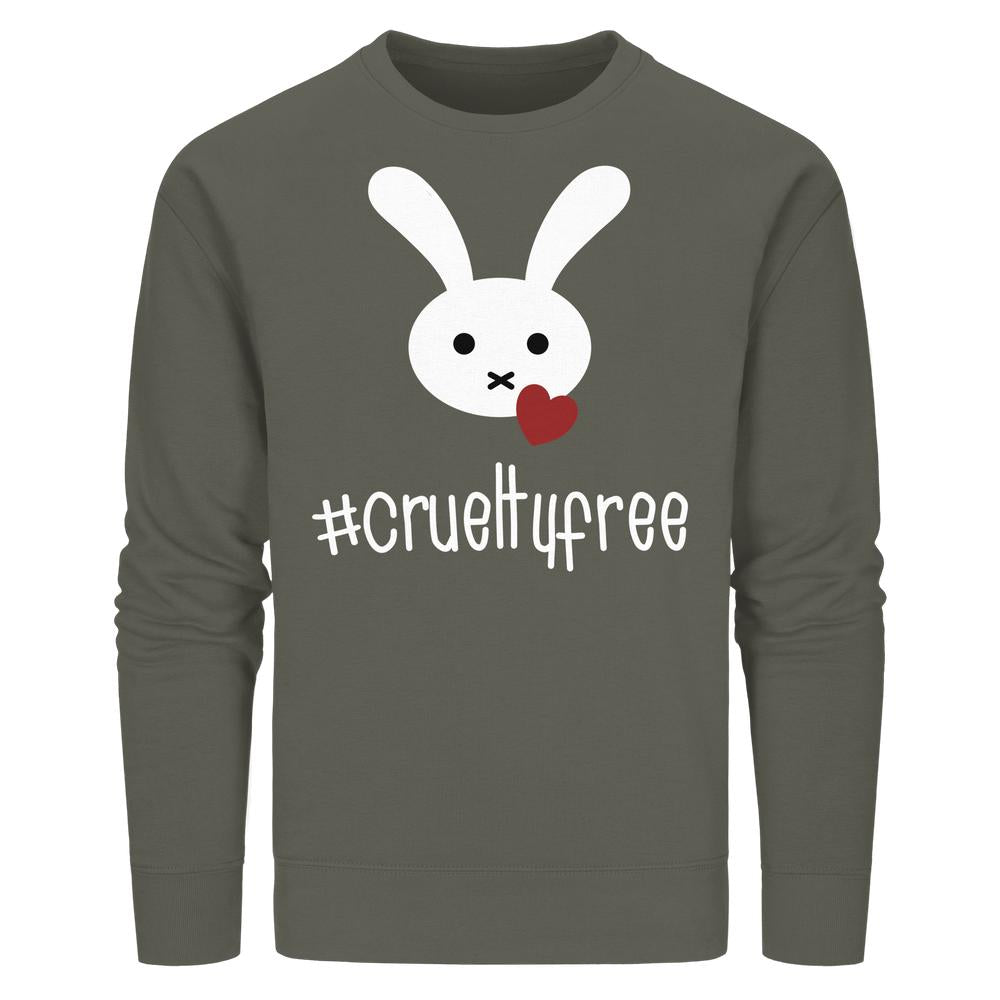 Vegan und Bio Unisex Sweatshirt: Crueltyfree Bunny BIG zeigt einen weißen Hasenkopf mit rotem Herz, darunter #crueltyfree auf einem olivgrauen Langarm-Sweatshirt.