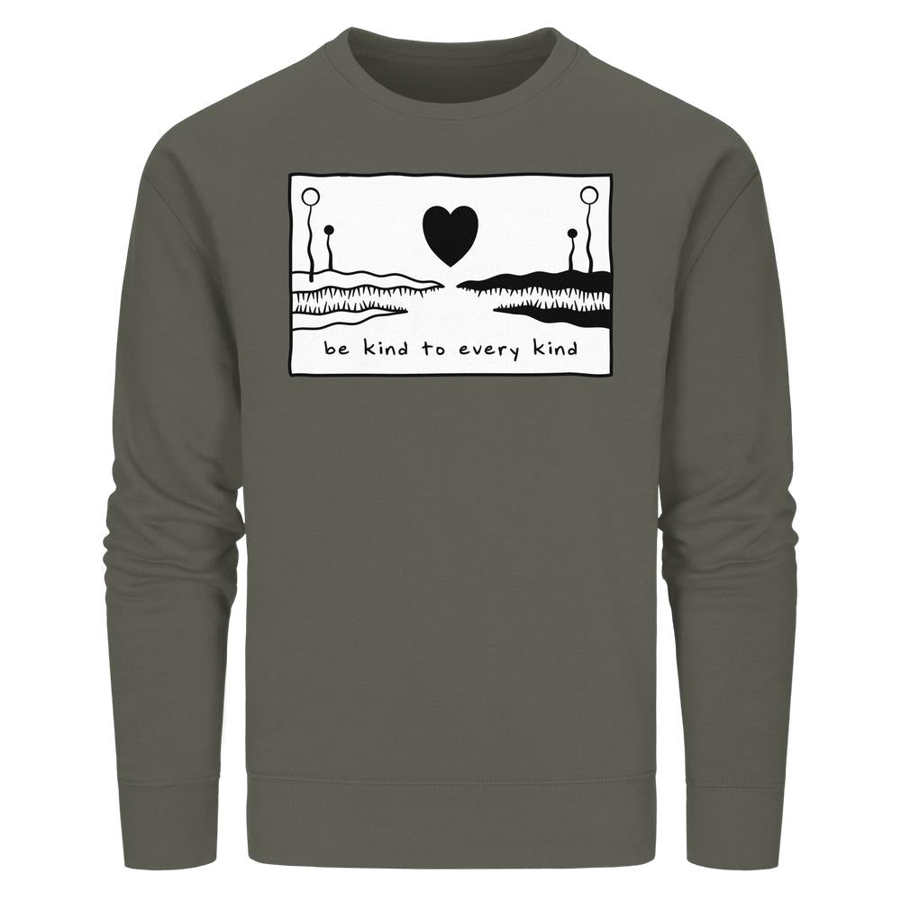 Vegan und Bio Unisex Sweatshirt: Be kind to every kind – Olivgrünes Sweatshirt mit schwarzem Herz-Design und Slogan, aus Biobaumwolle und recyceltem Polyester.