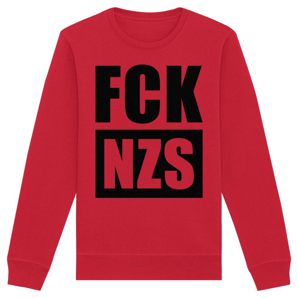 Vegan und Bio Unisex Sweatshirt: FCK NZS mit großen schwarzen Buchstaben auf rotem Hintergrund, aus Biobaumwolle und recyceltem Polyester, normaler Schnitt.