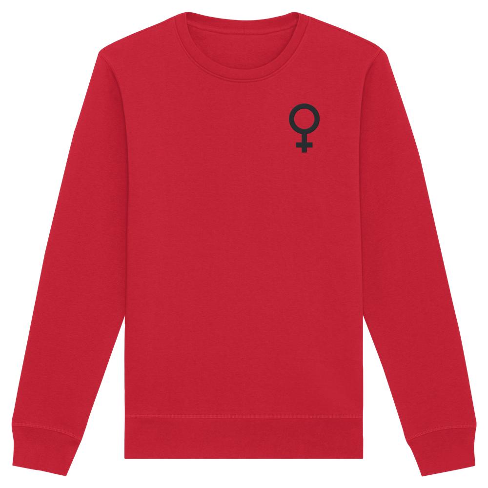 Vegan und Bio Sweatshirt bestickt: Das Venussymbol - der feministische Kampf. Rotes Langarmshirt mit kleinem Venussymbol auf der Brust, nachhaltiges Material.