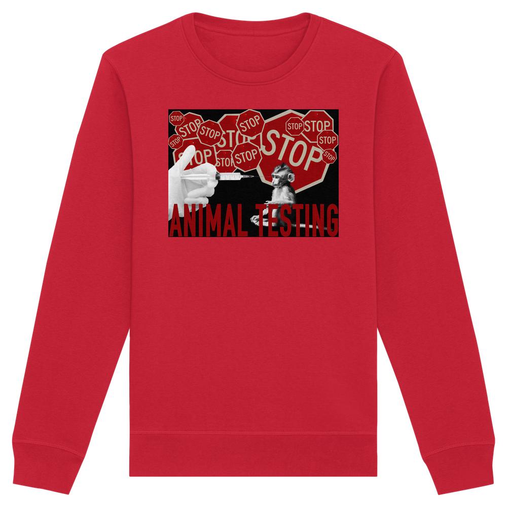 Roter Unisex-Bio-Hoodie mit Seitentaschen, zeigt radikales 'STOP ANIMAL TESTING'-Design mit Spritze und Affe, von RUDE REBEL für Tierrechtsaktivisten.