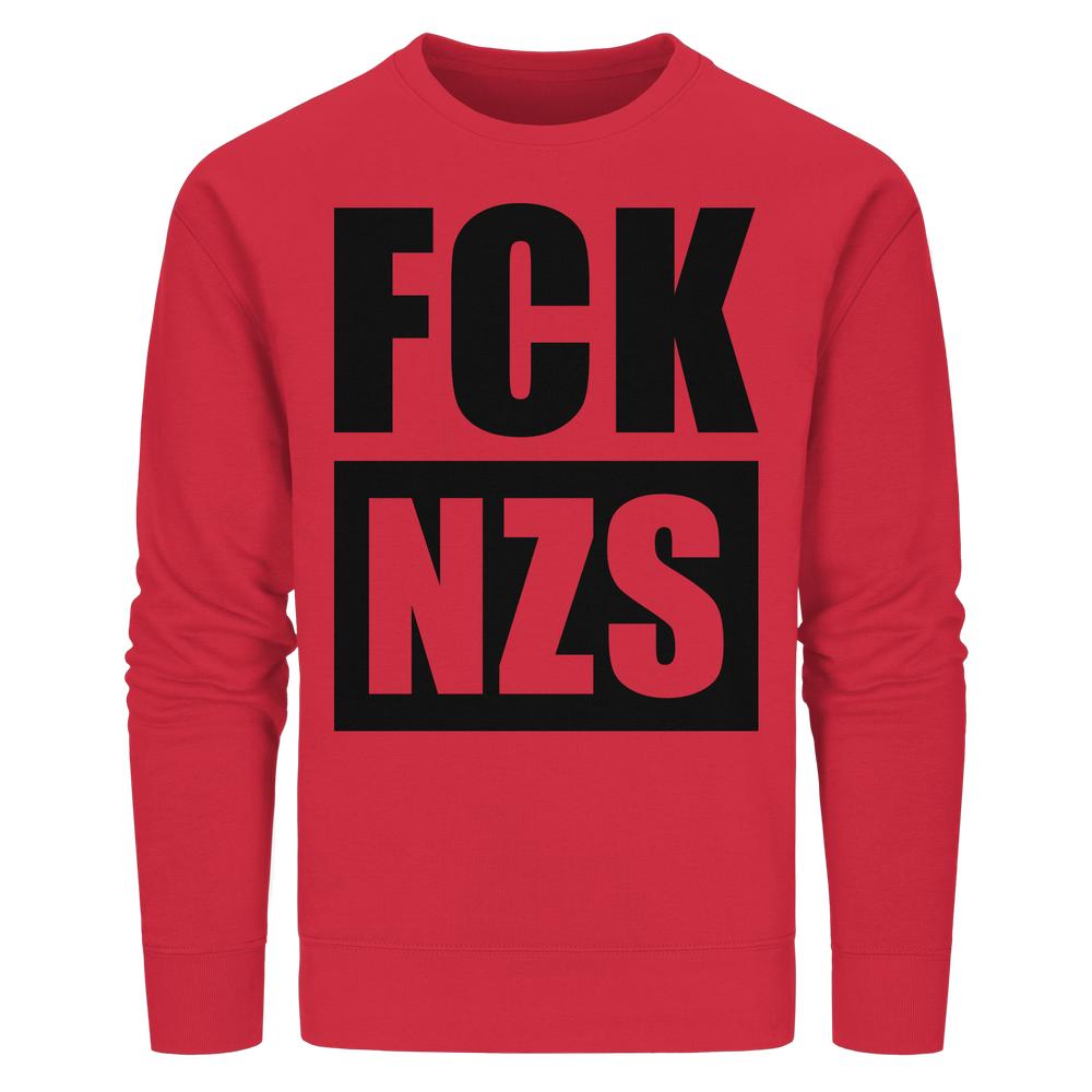 Vegan und Bio Unisex Sweatshirt: FCK NZS, rotes Sweatshirt mit schwarzem Slogan, aus Bio-Baumwolle und recyceltem Polyester, normale Passform, gerippte Abschlüsse.