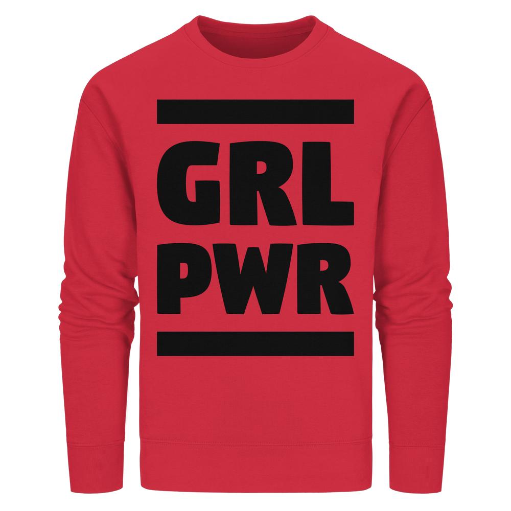 Unisex Bio-Sweatshirt mit schwarzem GRL PWR-Aufdruck, normaler Schnitt, aus Bio-Baumwolle und recyceltem Polyester, von RUDE REBEL, mit feministischer Botschaft.