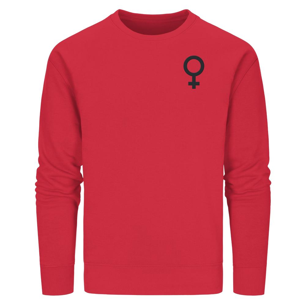 Vegan und Bio Sweatshirt bestickt: Das Venussymbol - der feministische Kampf. Rotes Sweatshirt, Baumwollmischung, kleines schwarzes Venussymbol auf Brust links, lange Ärmel.