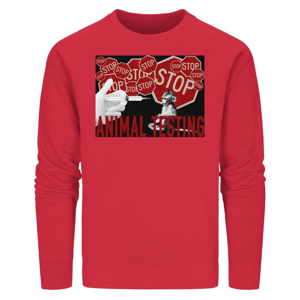 Roter Unisex-Sweatshirt mit Grafik von STOP-Schildern, Spritze und Affe; Text ANIMAL TESTING. Vegan, bio, rebellisches Design von RUDE REBEL, gegen Tierversuche.
