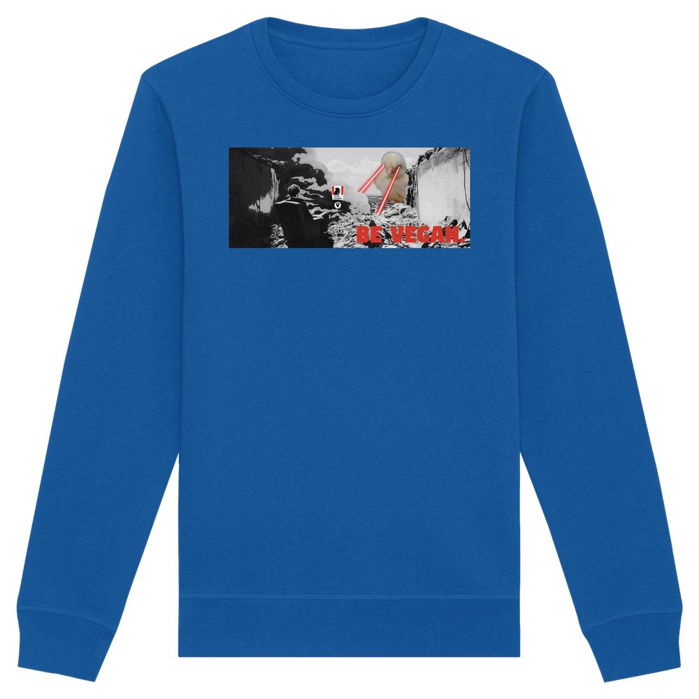 Vegan und Bio Sweatshirt: BE VEGAN. - Angry bird, mit apokalyptischem Grafikdruck und rotem Schriftzug, hergestellt aus Bio-Baumwolle und recyceltem Polyester.