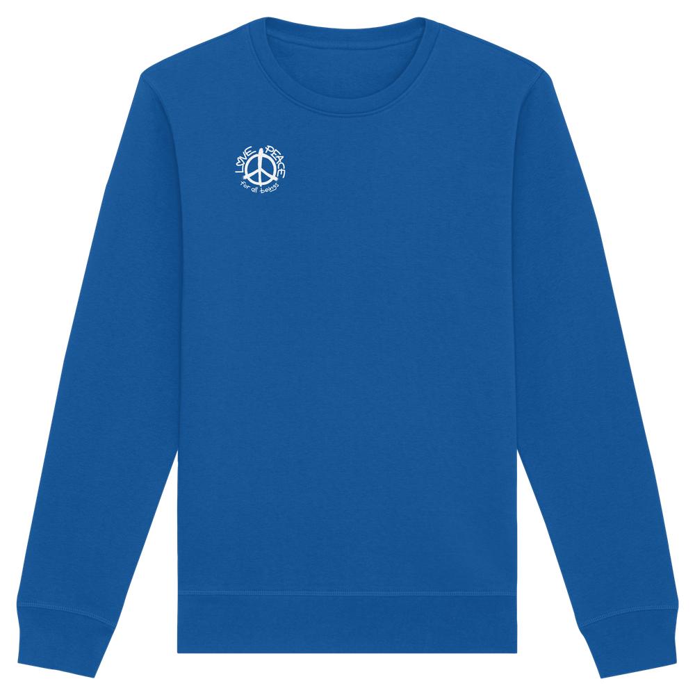 Vegan und Bio Unisex Sweatshirt: LOVE and PEACE for all beings, blaues Design mit Friedenssymbol und Schriftzug auf der Brust, nachhaltige Baumwoll-Polyester-Mischung.