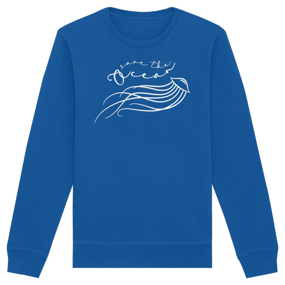 Vegan und Bio Unisex Sweatshirt: Jellyfish - Save the Ocean, zeigt minimalistisches Quallen-Design mit Appell Save the Ocean, gefertigt aus Bio-Baumwolle und recyceltem Polyester.
